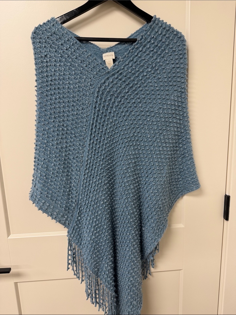Chico's Textured Blue Knit Poncho with Fringe